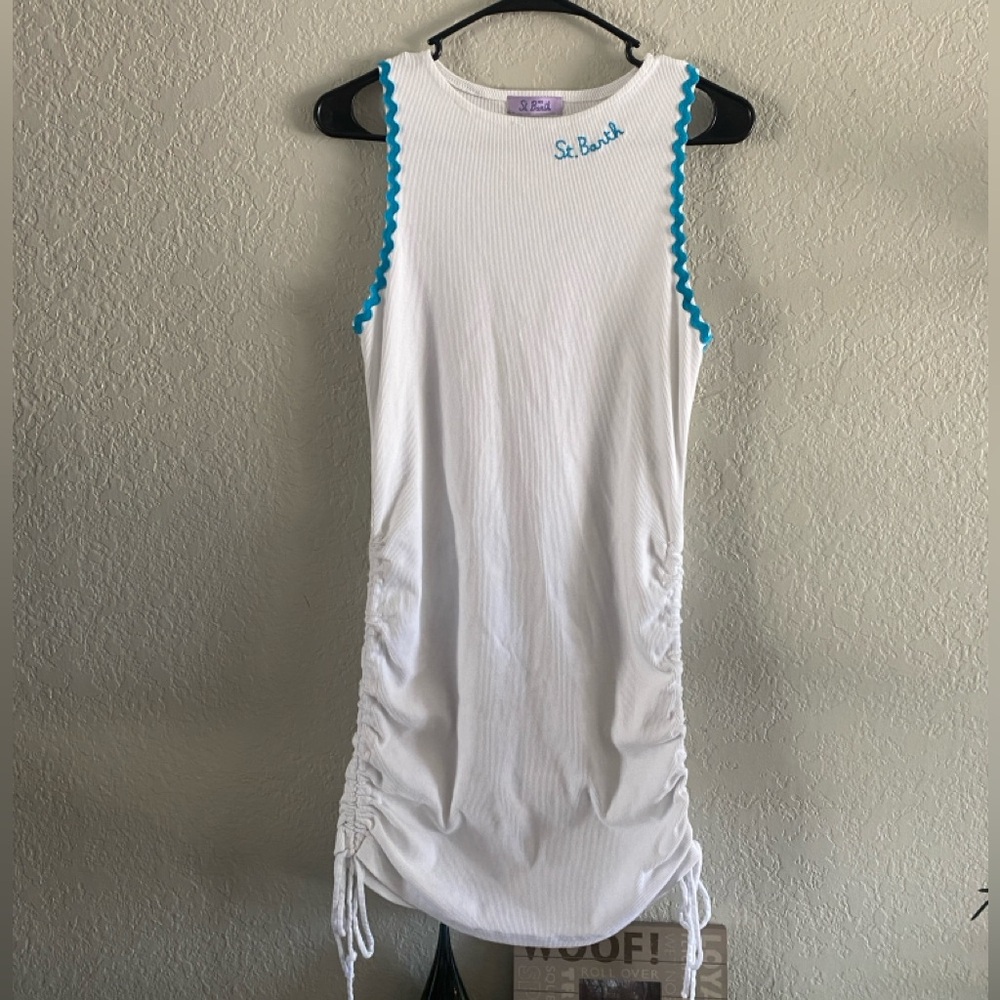 MC2 St. Barth Ribbed Drawstring Sides Mini White Dress Sz M
